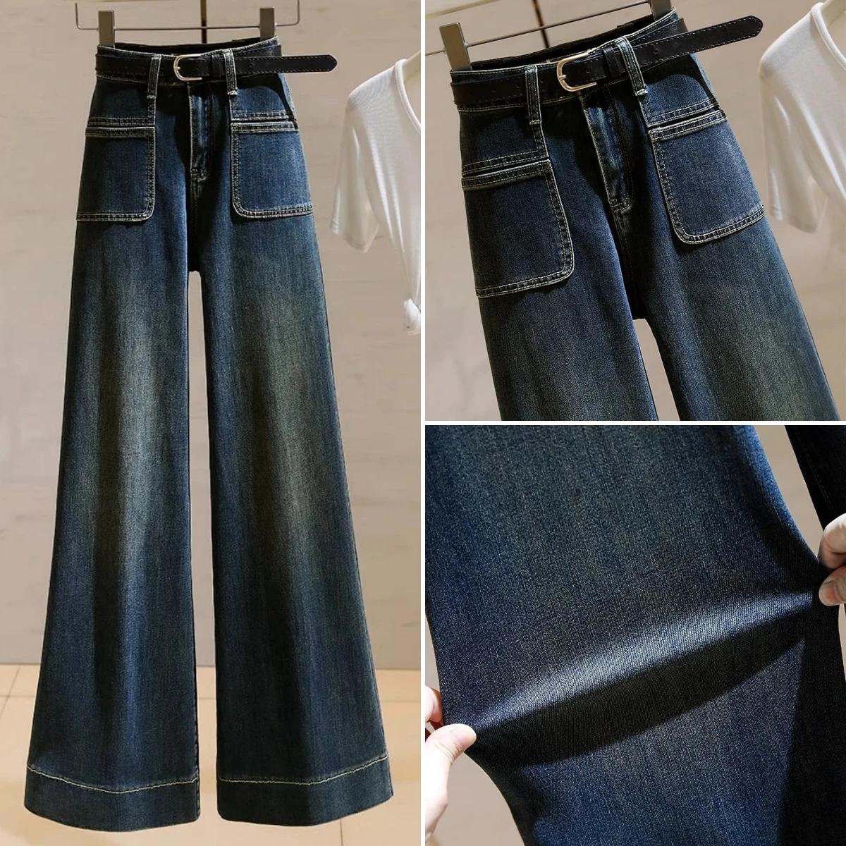 

Wide Leg Pants Jeans Women Vintage Denims High Waist 2025 Streetwear Pockets Washed Distressed Loose Trousers Floor Length