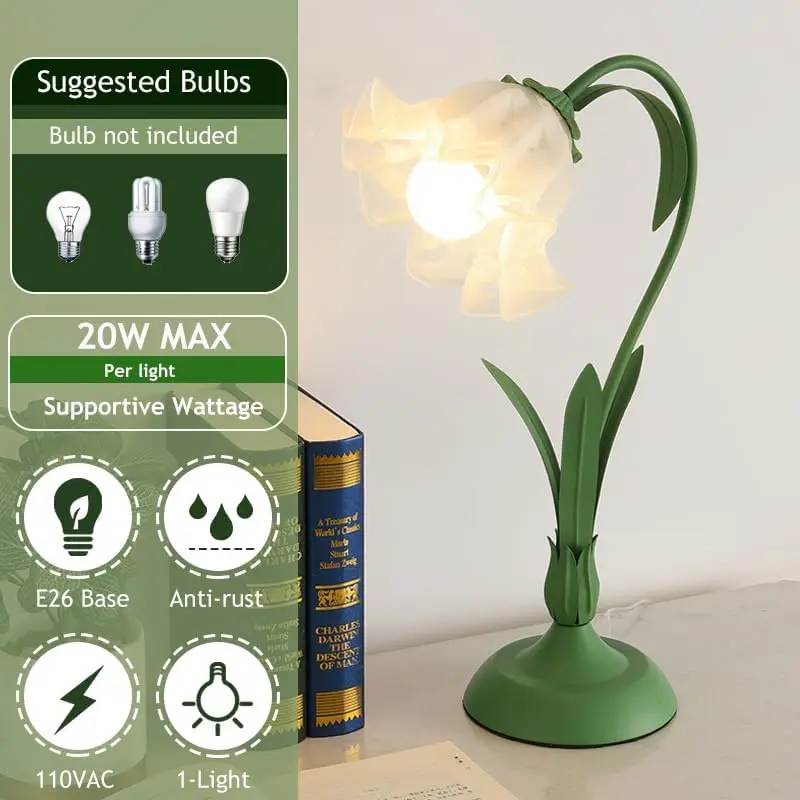 

Djamel Green Glass Table Lamp Flower Table Lamps Modern Floral Shape Metal Leaf With Glass Lampshade Nightstand Desk Light For
