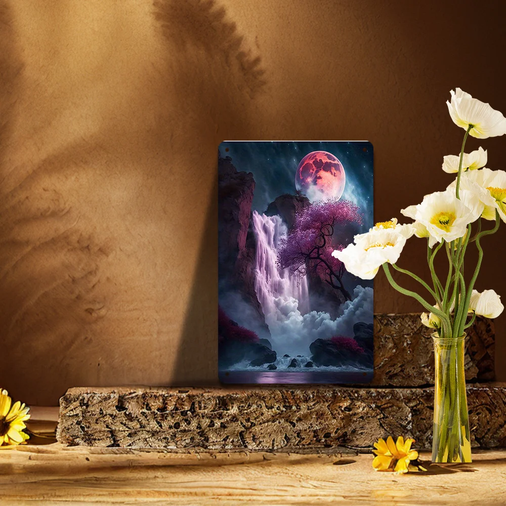 "Dreamy Moonlit Waterfall Tin Painting  Exquisite Natural Landscape Decorative Artwork" Suitable for Home and Office Wall Plaque