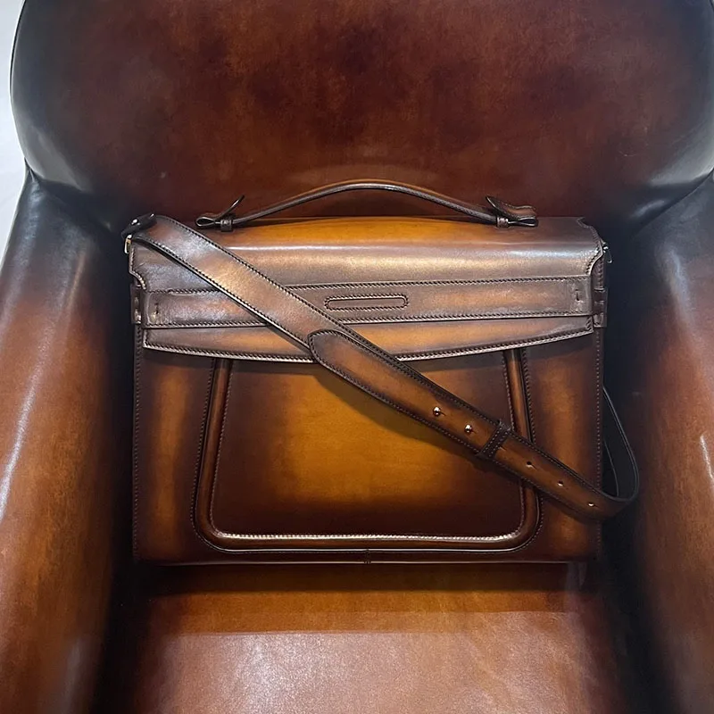 

DIMY 2025 briefcase men's leather business niche handmade color retro men's bag double-layer large capacity computer bag handbag