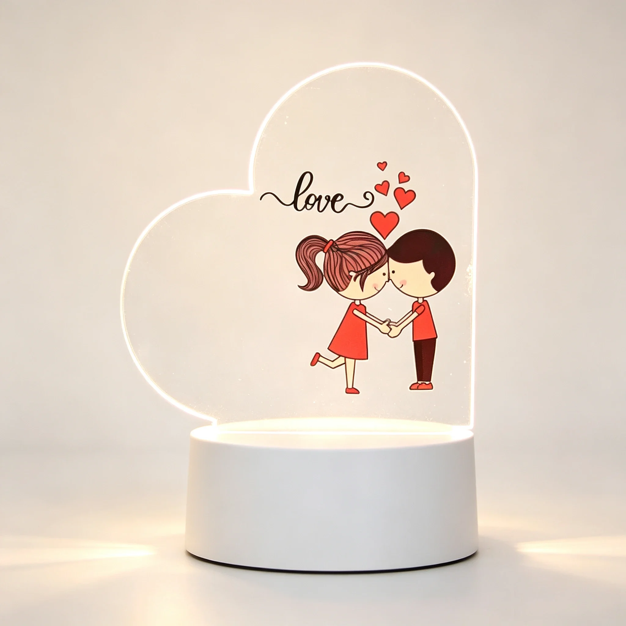 Heart Shaped Acrylic 3D Night Light Cartoon Couple Holding Hands Love Text USB Bedside Lamp