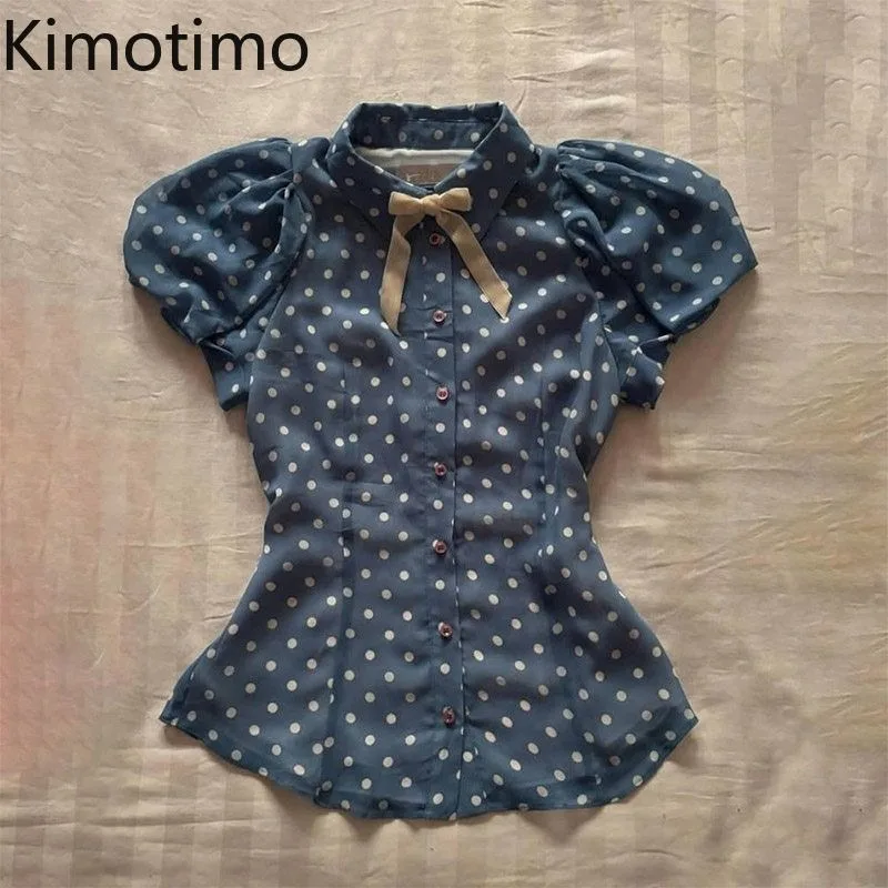 Kimotimo Japanese Vintage Polka Dot Puff Sleeve Shirt Women Summer Sweet Lapel Single Breasted Crop Top Elegant Y2k Chic Blouse