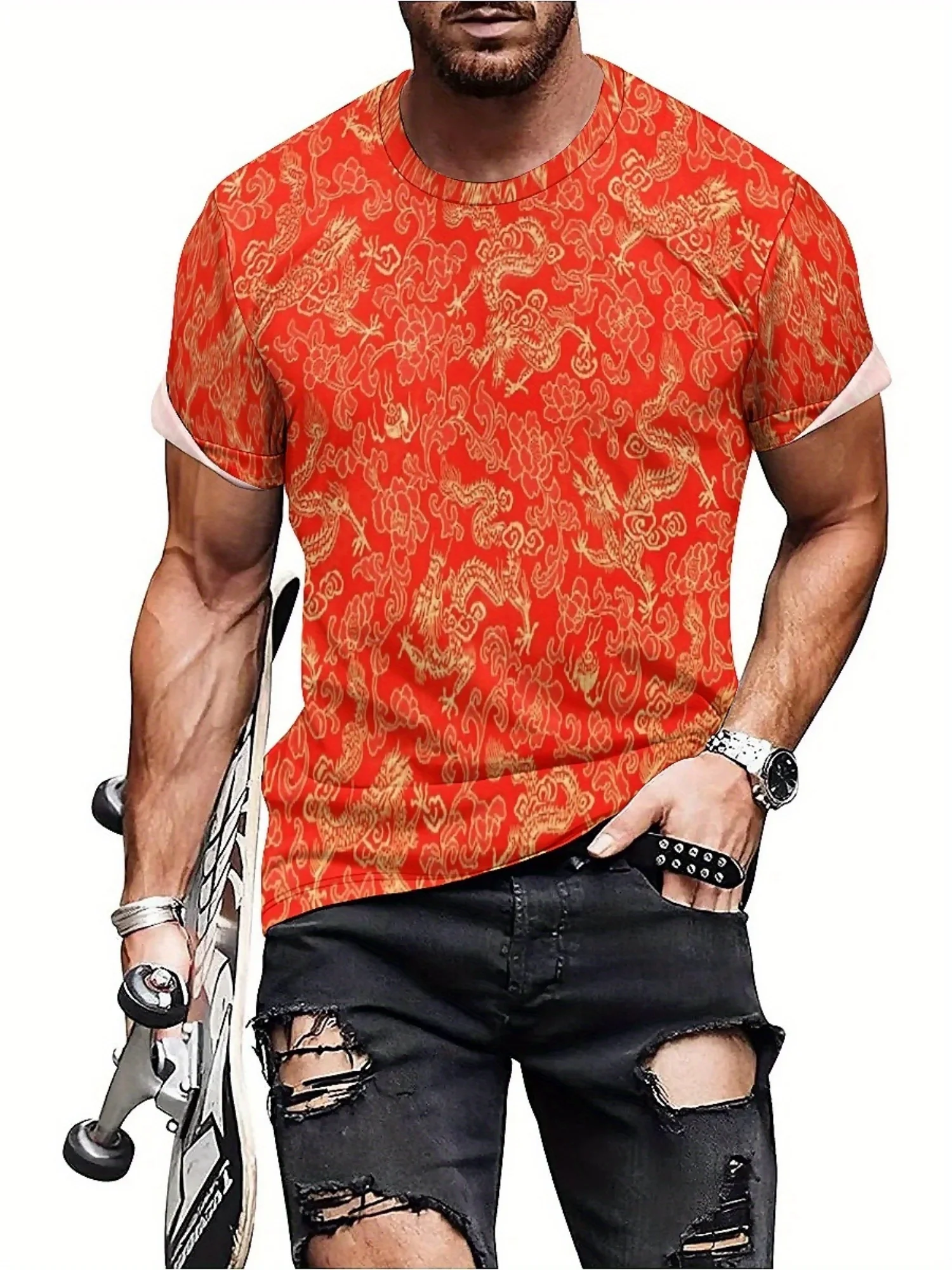 Męska koszulka letnia z nadrukiem 3D smoka i kwiatów - czerwona koszulka z krótkim rękawem i złotym i pomarańczowym wzorem, sportowy okrągły dekolt
