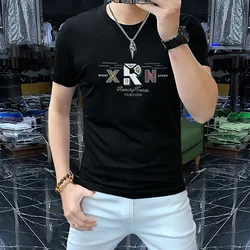 Men's Short Sleeved T-shirt R Luxury Rhinestone Print Summer New Trendy Male Tees Cotton Comfortable Business Casual Man Clothes