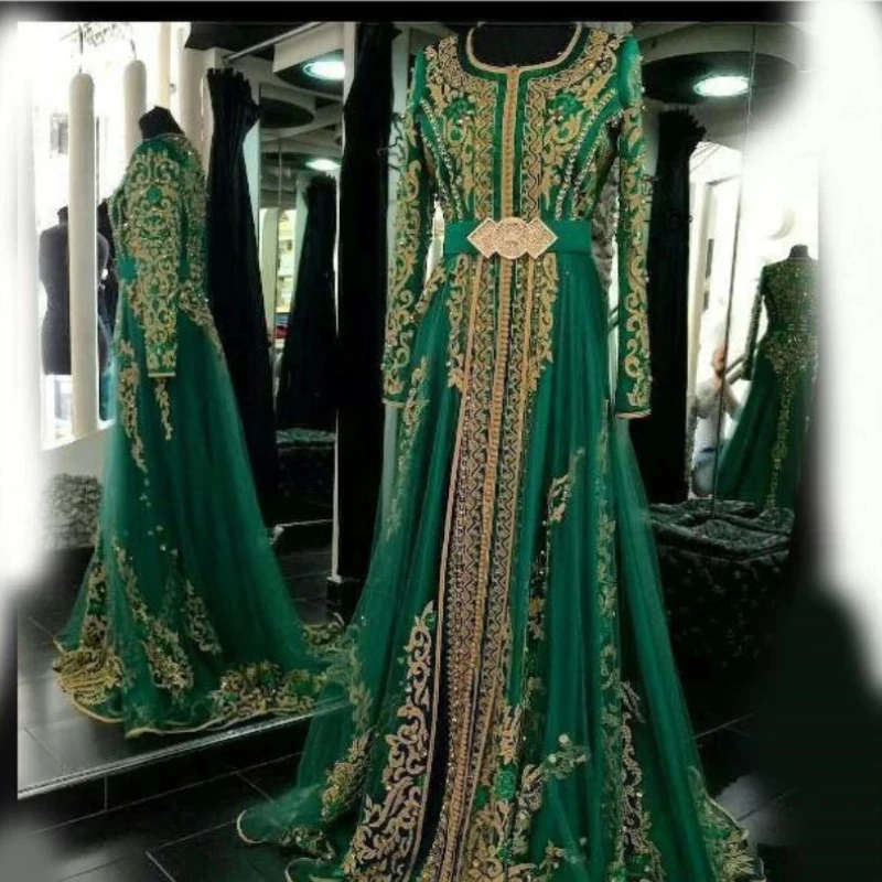 

Emerald Green Muslim Formal Evening Dresses Long Sleeves Abaya Designs Dubai Prom Dress Party Gowns Moroccan Kaftan Customized