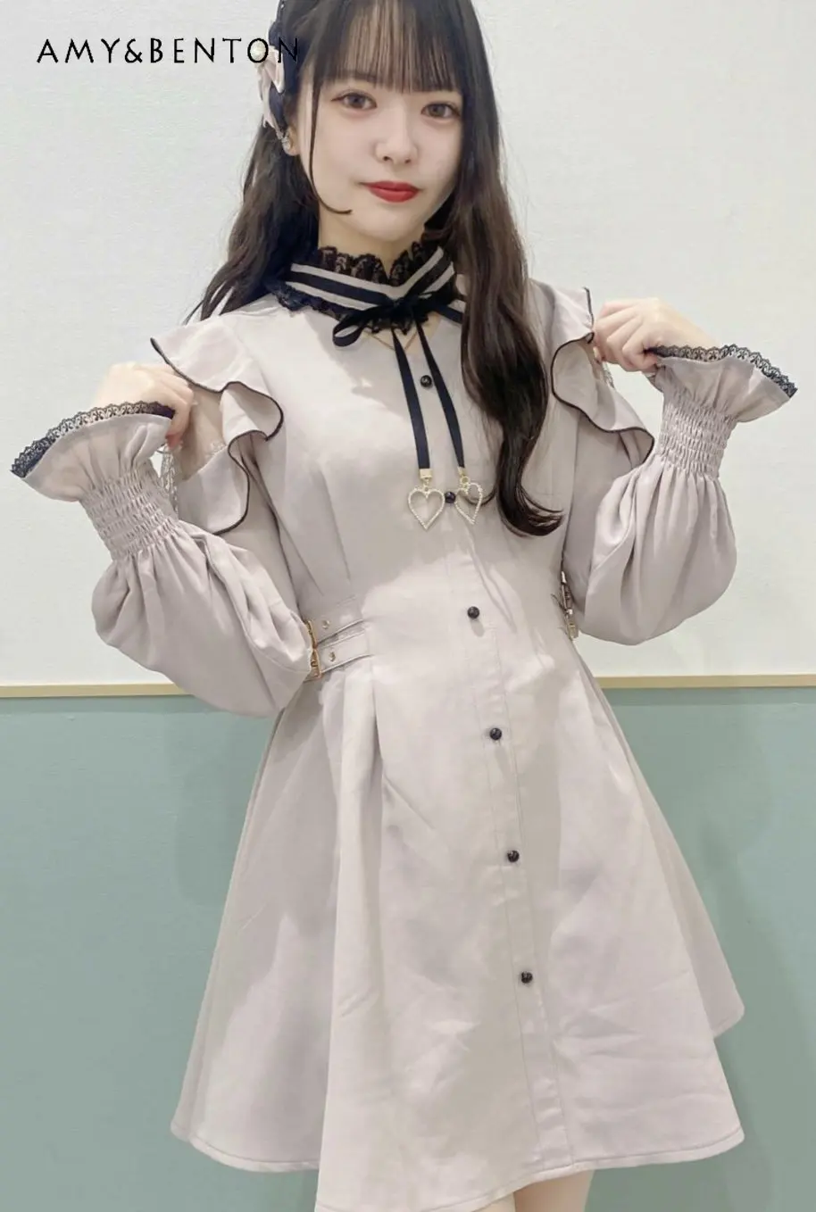 

Japanese Style Casual Dress Lace Ribbon Bow Dress for Women Elegant Fashion Long Sleeve Dress