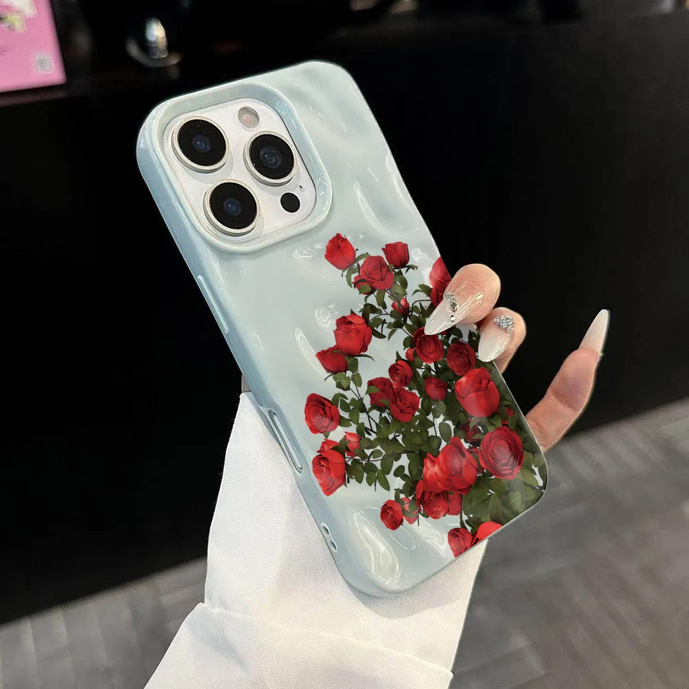Koreanische Rosenblumen-Drucke Niedliche Handyhülle für iPhone 17 16 15 14 13 12 11 Pro Max 14 Plus 17Air Falten-Wellen Weiche Silikonhülle – Detail 2