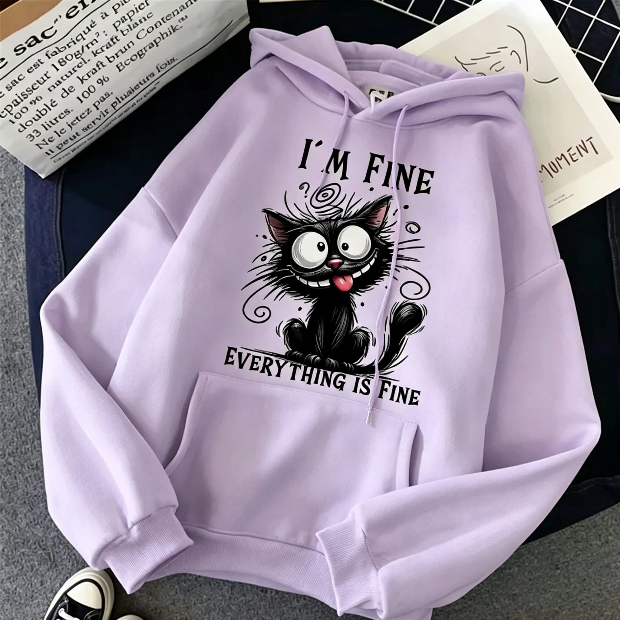 Damen „I'm Fine Everything Is Fine“ Schwarzer Katzen-Hoodie Lässiger Loser Langarm-Kapuzenpullover Lustiger Cartoon-Pullover Streetwear – Detail 13