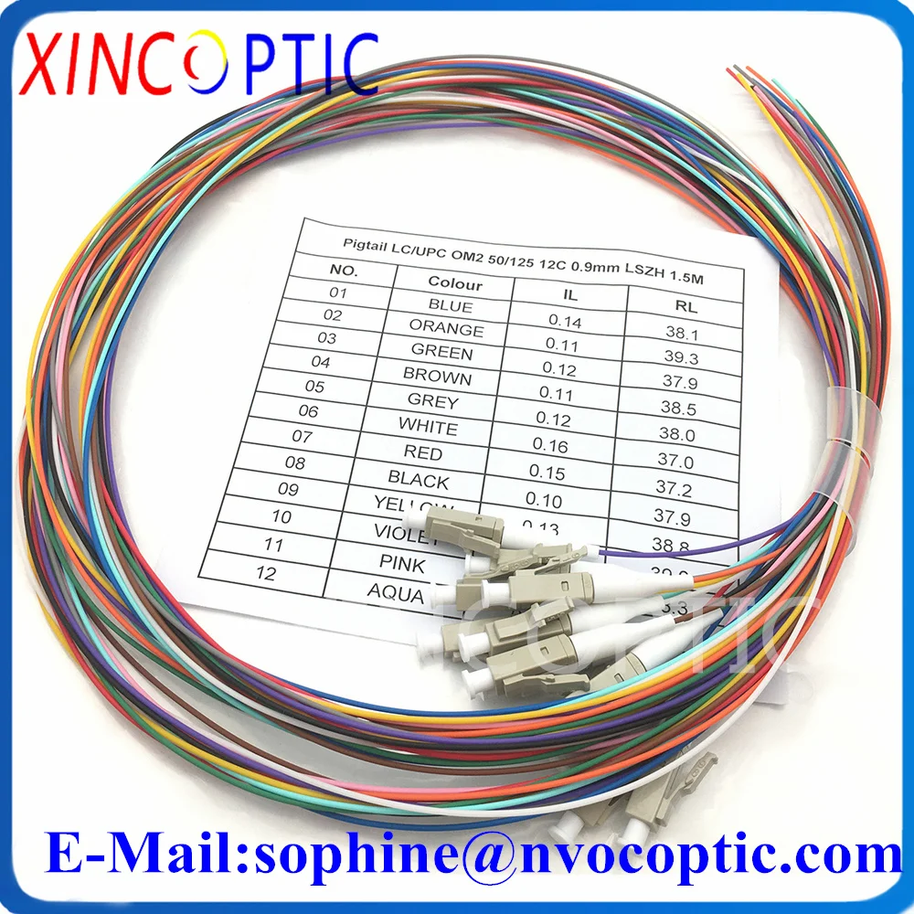 1.5M 12Colored MM OM1 50/125 OM2 62.5/125 SC ST FC LCUPC 0.9mm Tight-buffer PVC 12Colorful Fanout Fiber Optic Pigtail Cable