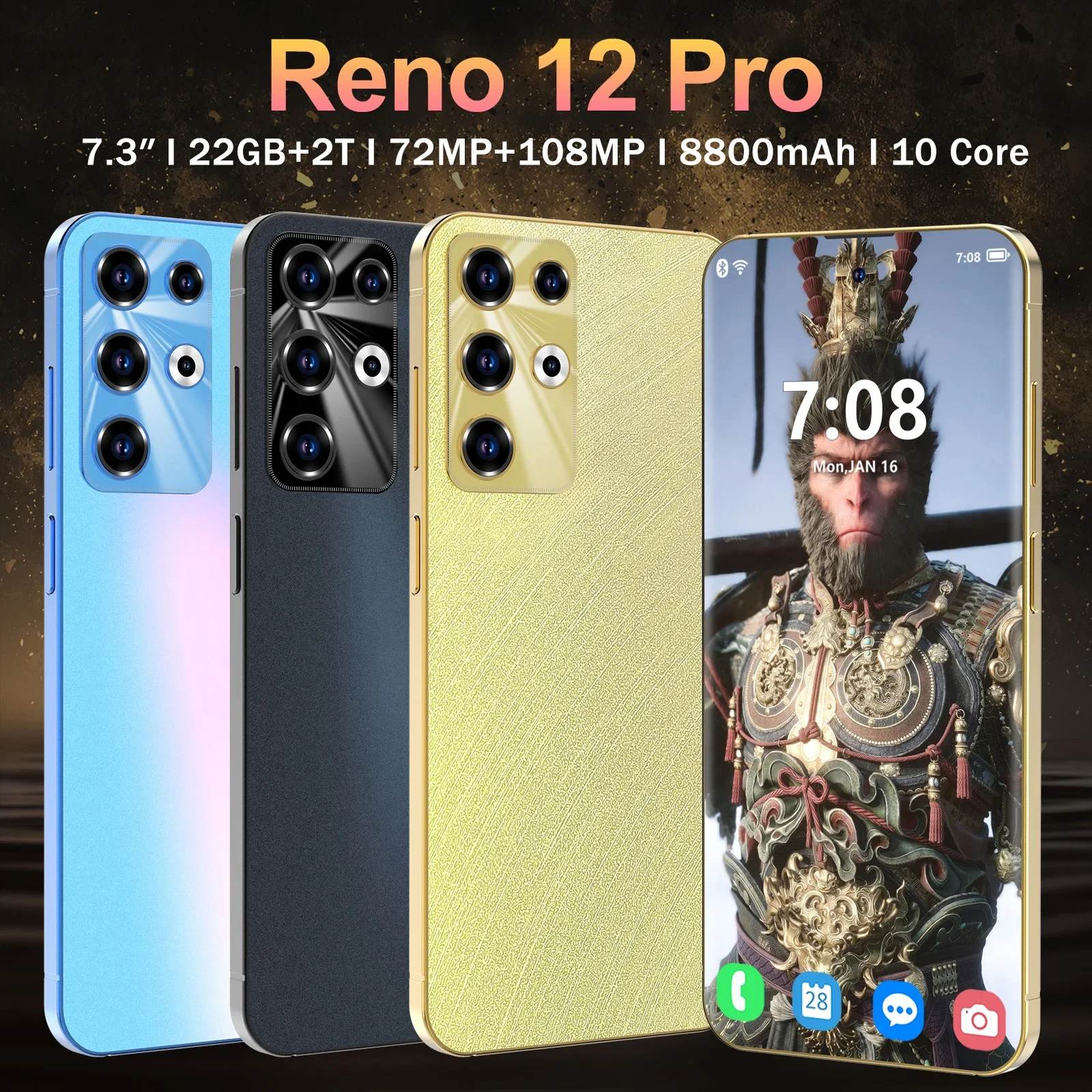 Original Reno 12 Pro  Smartphone 7.3’ Full Screen, 72+108MP Cameras, Android 14, 22GB+2TB, Qualcomm8 Gen 2, Global SIM