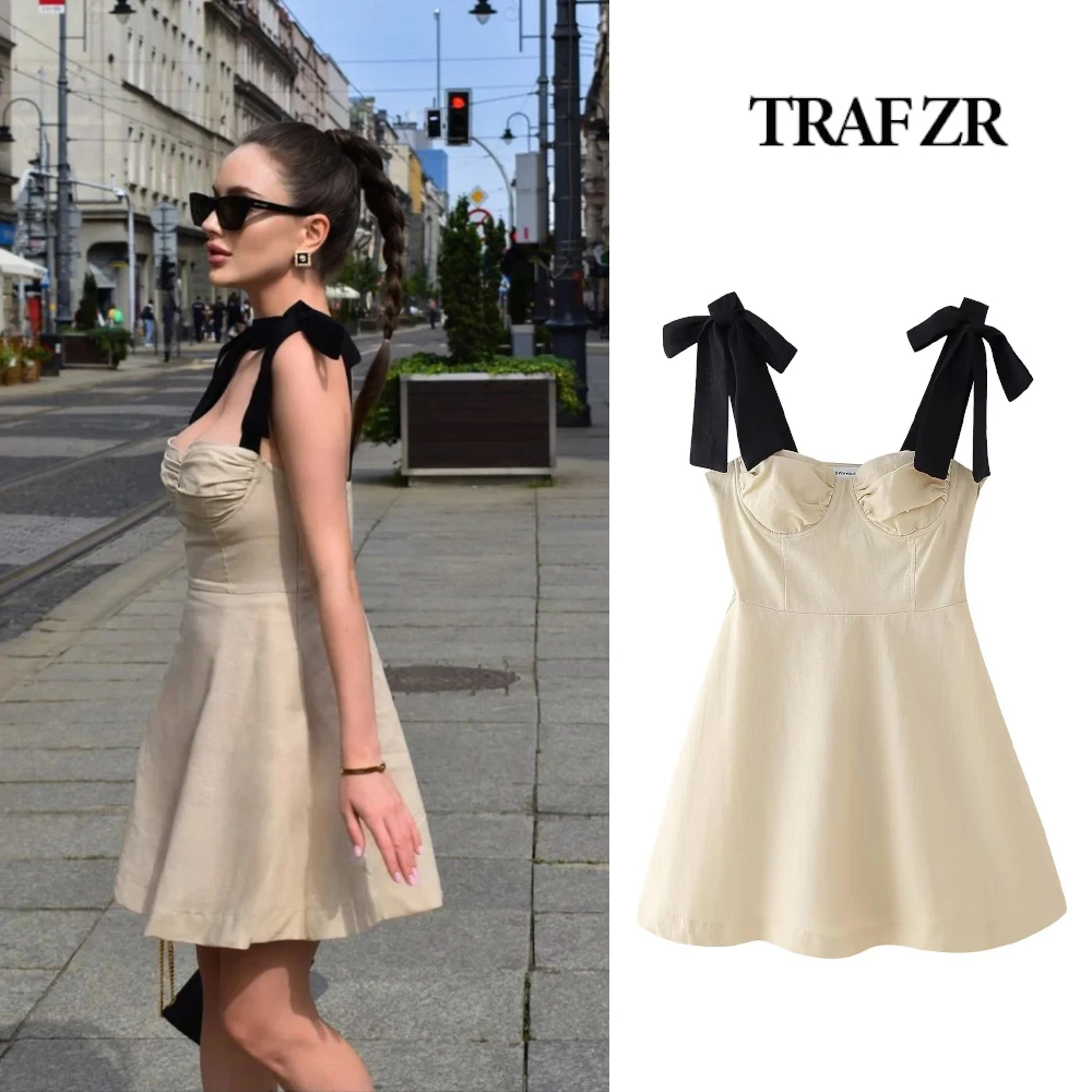 TRAF ZR New Elegant Women Mini Dresses Linen Blend A-line Dress with Wide Tied Straps Summer Elegant Chic Outfit Folds At Chest