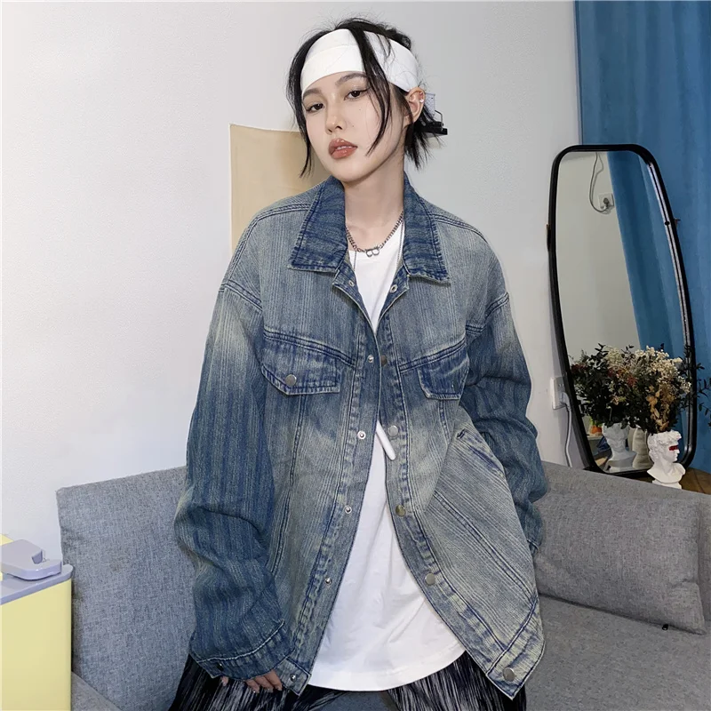 

Spring American Retro Turn-down Collar Stripe Simple Pocket Loose Fashion Women Denim Shirt Tops Z184