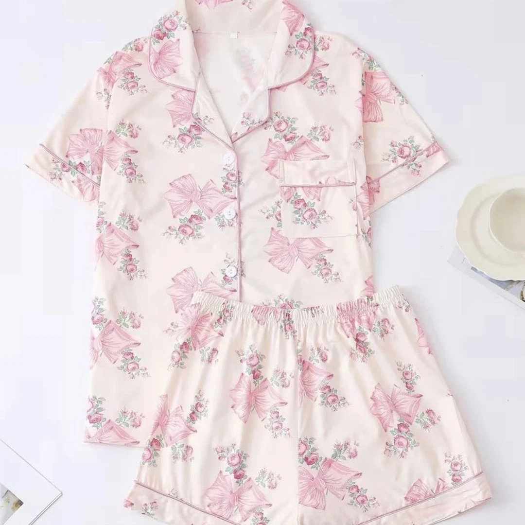 

Женский пижамный комплект на День святого Валентина с бантиками и цветами, с отложным воротником, с короткими рукавами и шортами, домашняя одежда для отдыха