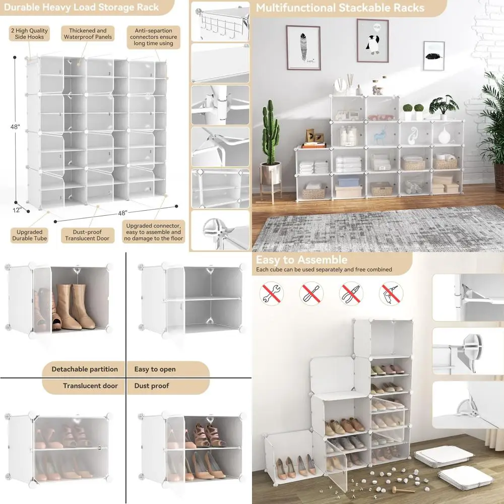 

48-Pair Plastic Shoe Rack Organizer with Door, Stackable & Detachable, Easy Assembly, White