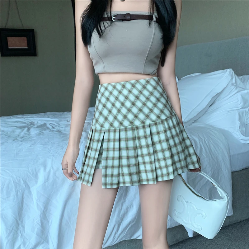 American College Retro Style Split High Waist Plaid Pleated Mini Skirt Contrast Color Checkered Half-length Skirt Sweetheart