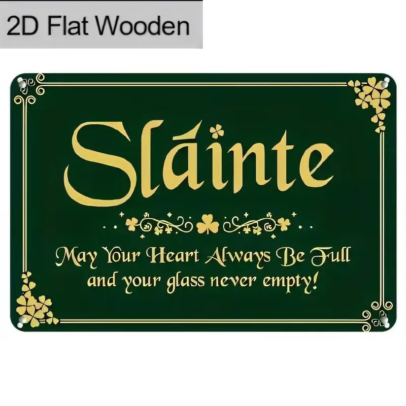 2D Flat Green Wooden Sláinte Sign - Irish Shamrock & Golden Script, Wall Art with Heart/Glass Blessing, Perfect for Bars/St. Pat