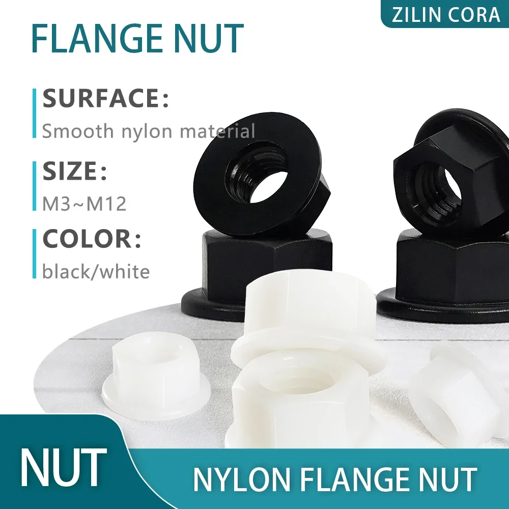 

Hex Nylon Flange Nut Metric Thread Hexagon Nuts Black White M3 M4 M5 M6 M8 M10 M12