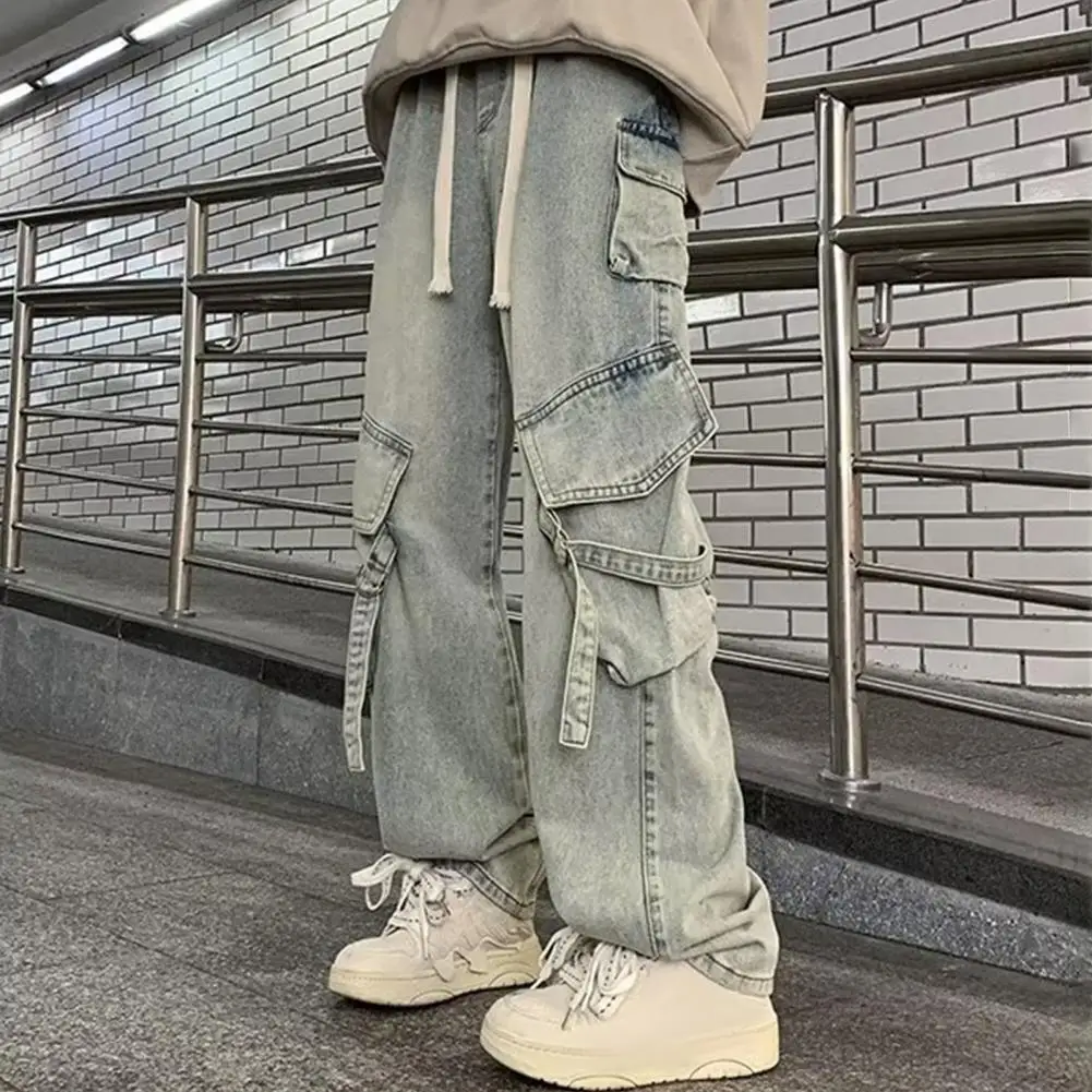 

Men Cargo Pants High Street Style Loose Straight Wide Leg Long Trousers Elastic Waistband Drawstring Large Pockets Denim Pants