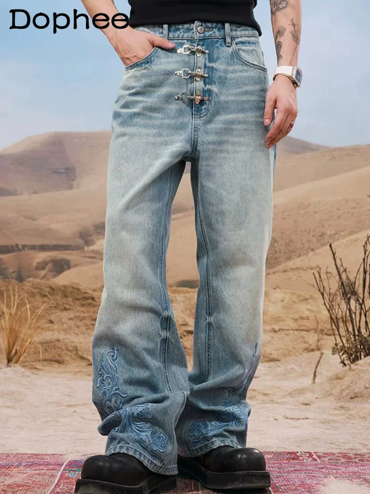 

Men Women 2026 Four Seasons Wear High-end Jeans Embroidered Aircraft Buckle Decorative Jeans Loose Fashion Straight-leg Pants