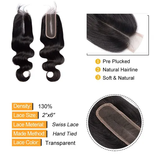 Imagen 2 del producto Cierre de cabello humano ondulado, cierre de encaje 2x6, tejido rápido, cierre de encaje superior, 100% cabello humano 4x4, 5x5, cierre Frontal de encaje 13x4