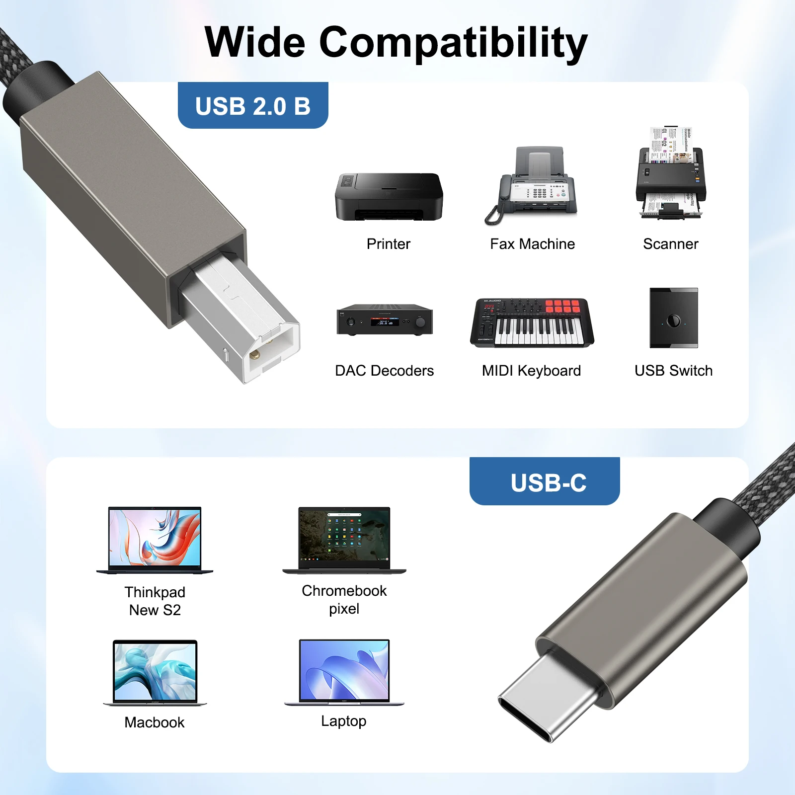 USB Printer Cable Type C Male to B Cable for Printer Fax Machine Scanner DAC Decoders MIDI Keyboard USB Switch Charger Cable