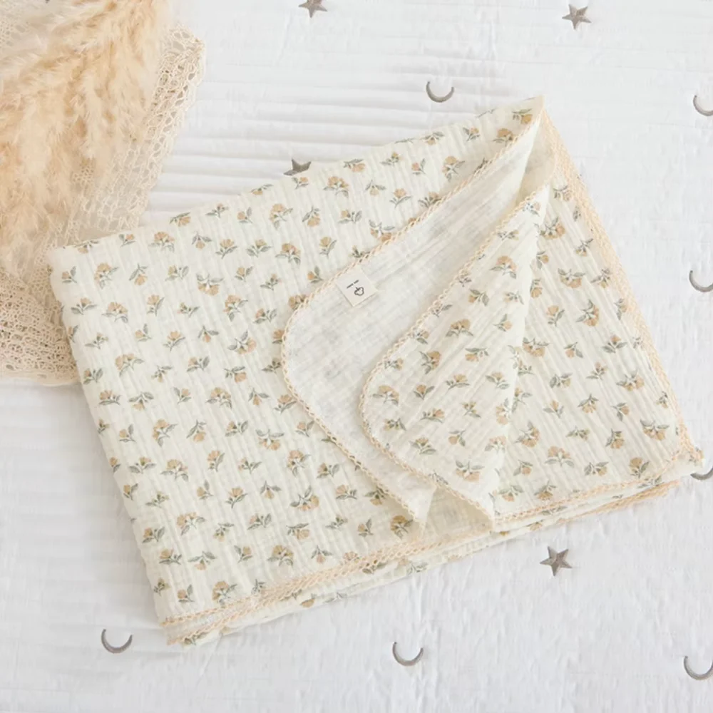 

Soft Floral Muslin Baby Blanket Cotton Lightweight Baby Swaddle Wrap Two Layers Crib Quilt Summer