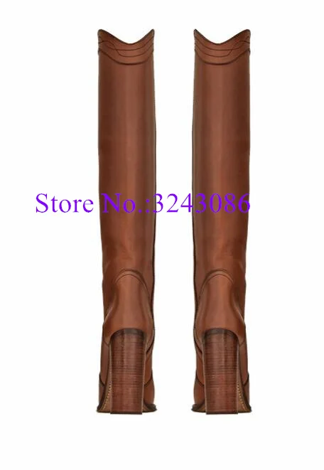 Botas largas de cuero marrón para mujer, zapatos de tacón grueso, hasta la rodilla, Sexy, invierno, envío directo, novedad