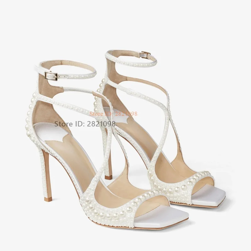 

Pure White Pearls Stiletto Heeled Cross Straps Square Toe Belt Buckle Women Thin High Heeled High Heel Open Toe Summer Shoes