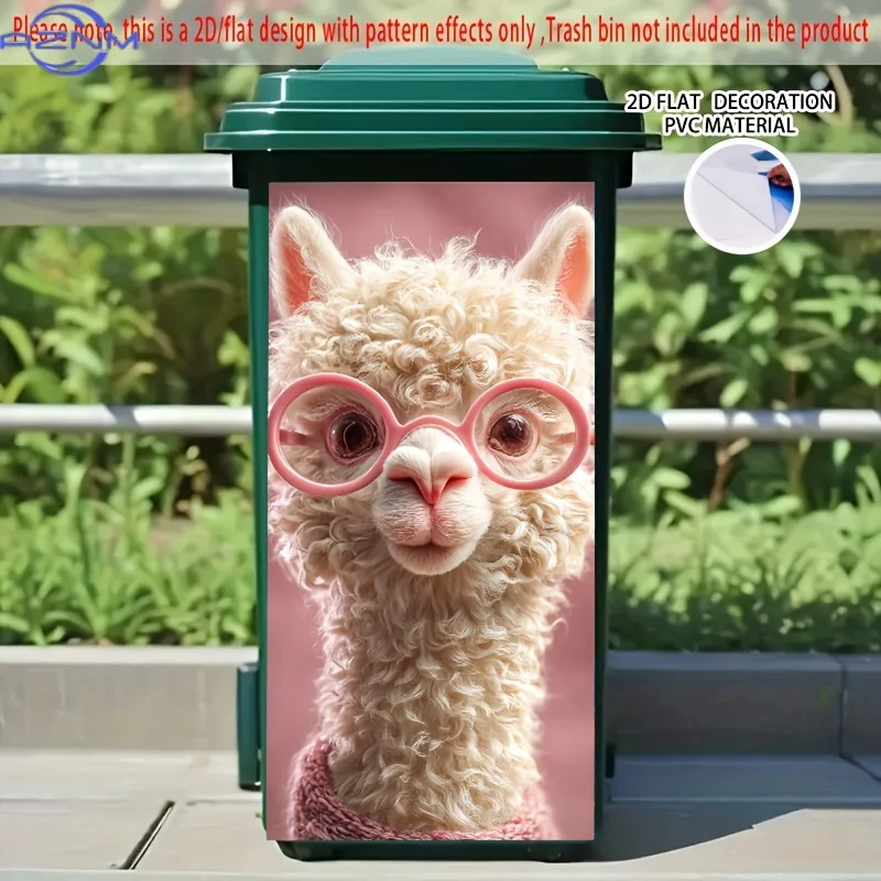 1pc Large Self-Stick Trash Can Decoration - Cute Alpaca with Pink Glasses & Sweater, Peel-and-Stick Bin Stickers for Home, Off
