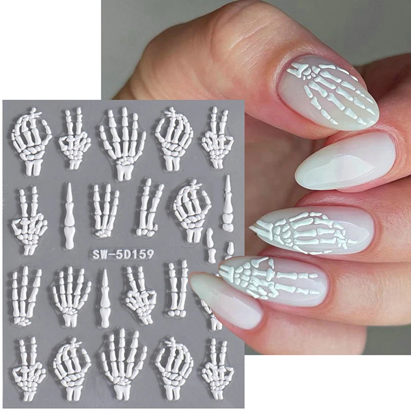 1Sheet Nail Accessories Tools Halloween 5D Relief Skeleton Hand Nail Art Stickers Self Adhesive Decal Manicure Decor