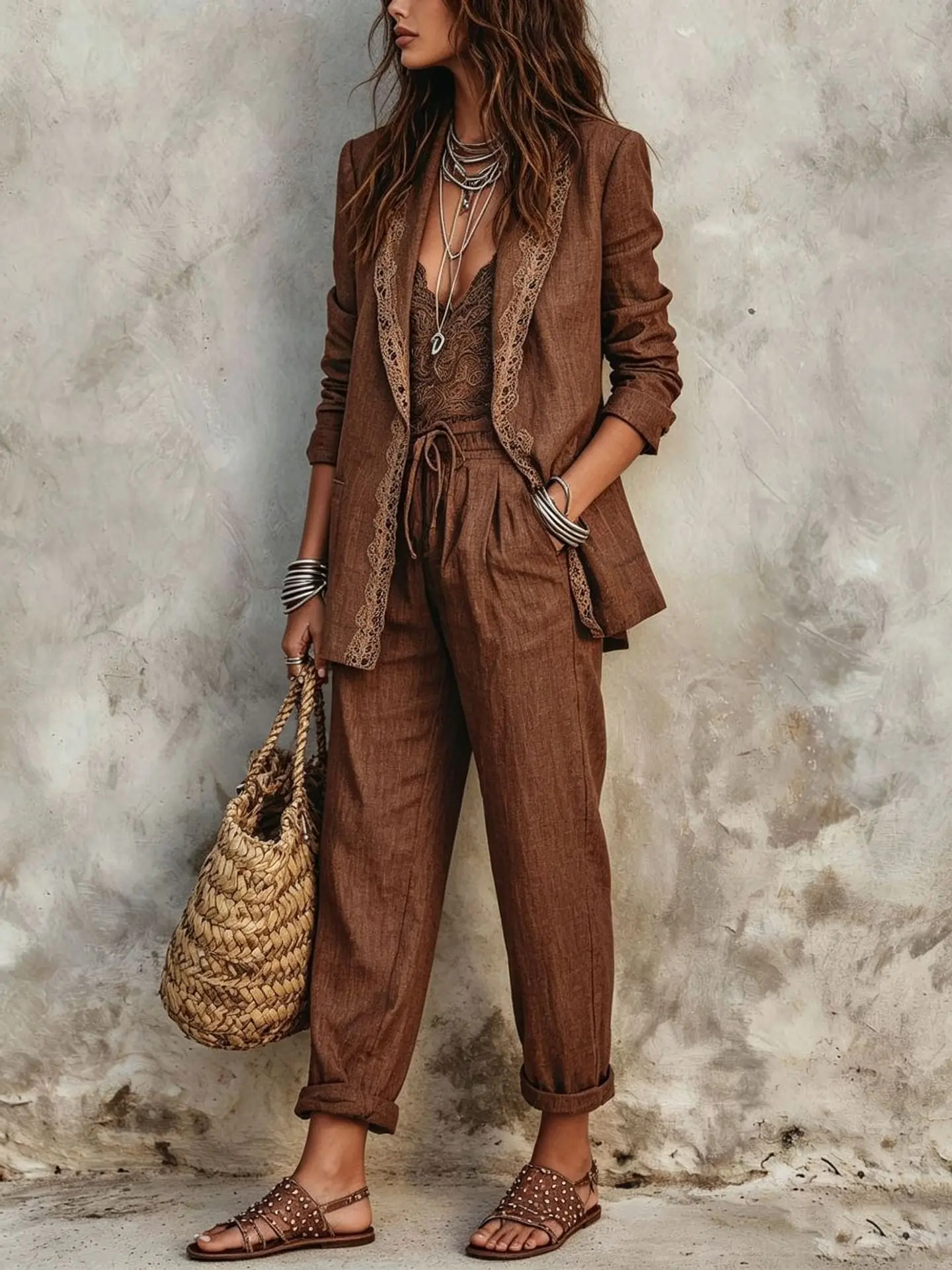 Casual Blazer Two Piece Set Women Outfits Autumn Fashion Elegant Loose Lace Splice Long Sleeve Jacket with Wide Leg Pants Suits view 2