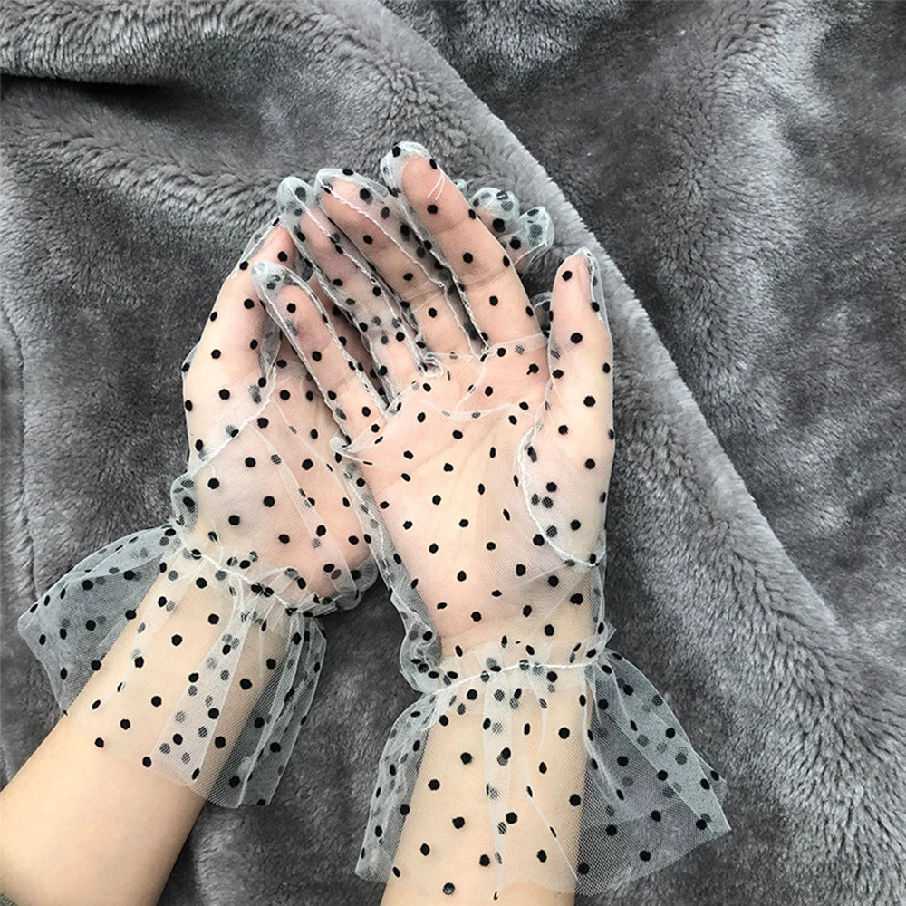 

Autumn 1 Pair Flexible Accessories Stretchy Sunscreen Full Finger Lace Mittens Tulle Gloves Spots Spots Gloves