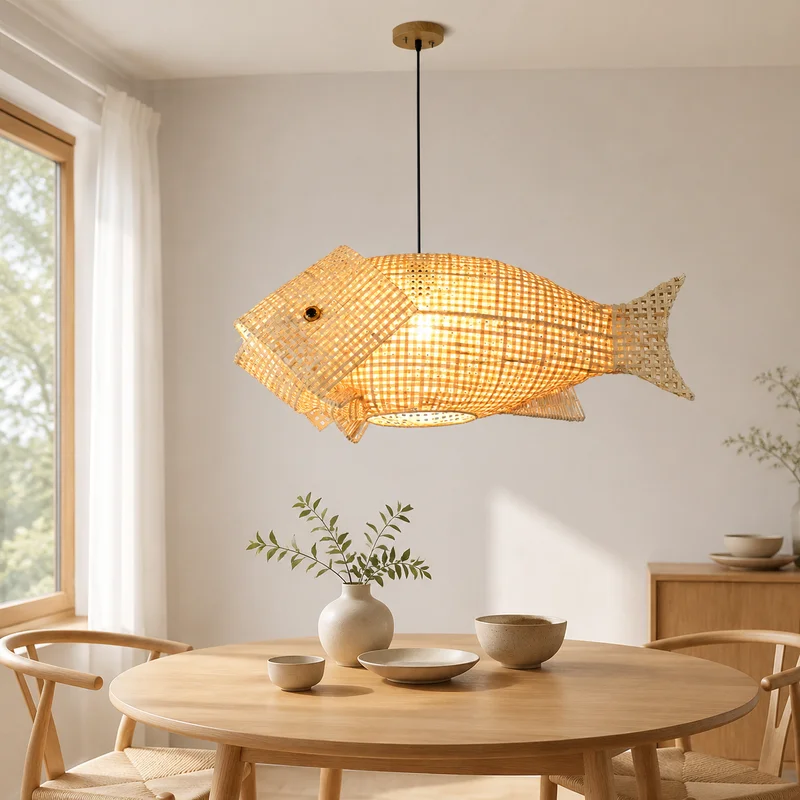 Japanese Wabi Sabi Bamboo Woven Fish Shape Hanging Decor For Restaurant Dining Room Bar Counter And Shop Ceiling Pendant Lamp
