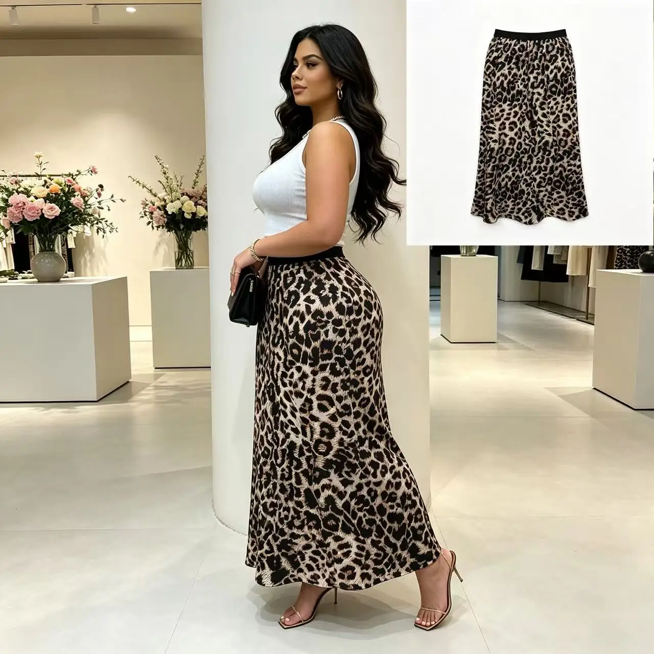 Women's plus Size Leopard Print Maxi Skirt High Waist Elastic A-Line Long Skirt Casual Streetwear Party Wear Multi C
