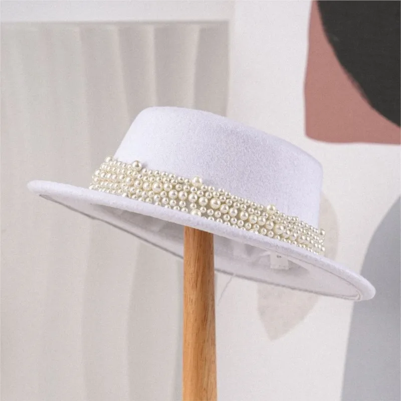 Women's flat-topped woolen top hat elegant wide-brimmed high-topped banquet flat-brimmed