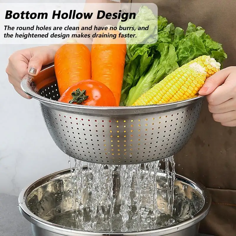 Multifunctional Stainless Steel Basin 3 In 1 Colanders Basin Mixing Bowl Set Salad Maker Bowl Stainless Steel Rice Colander Bask