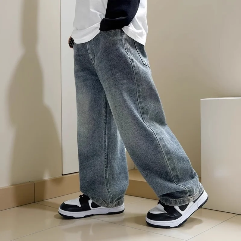 Kids Pants Boys Korean Childrens Pocket Clothing 2025 Spring New Trousers Straight Wide Legs Jeans Spring New High Quality 4-14T
