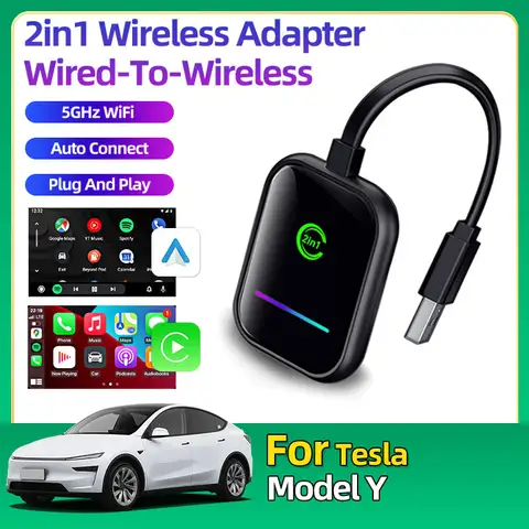 테슬라 모델 Y의 경우 새로운 미니 스마트 Ai 2in1 박스 동글 Carplay 어댑터 범용 안드로이드 차량용 어댑터 용 5Ghz WiFi BT 자동 연결