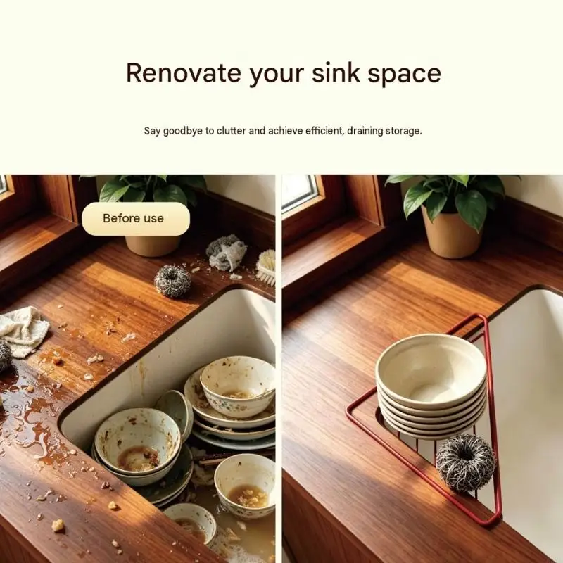 A2BB Triangular Sink Cleaning Rack with Iron Open Slats, Corner Placement, and Drain-Through Storage for Washing-Up Items