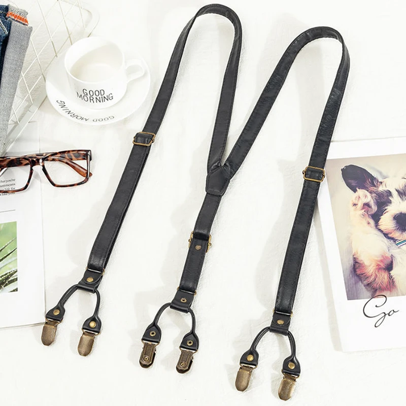 Heavy Duty Suspender Clips Men Pants Black Coffee Vintage PU Leather 6 Strap Clip 1.8*120cm Metal Copper Buckle Trousers Braces