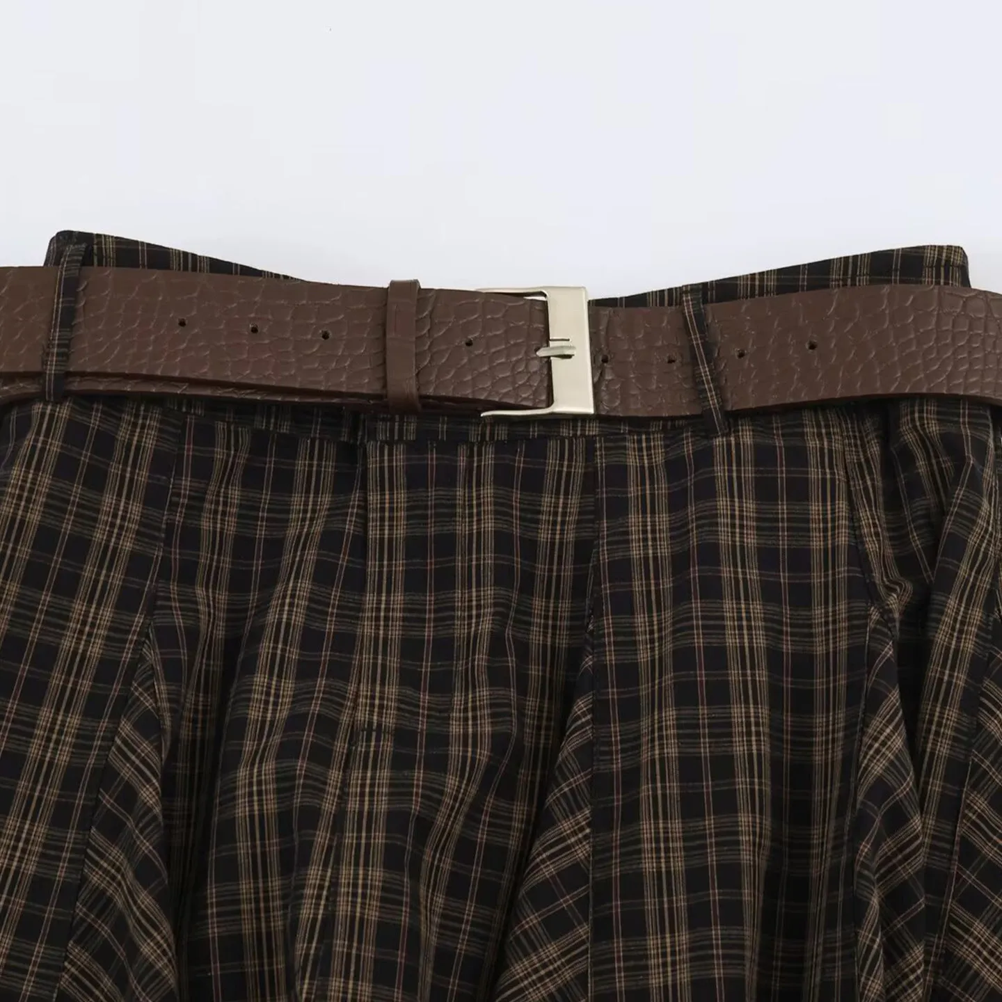 Women's Vintage Plaid  Skirt with Belt Asymmetrical Autumn Fashion 2026 mid Waist Standard Fit Other Material
