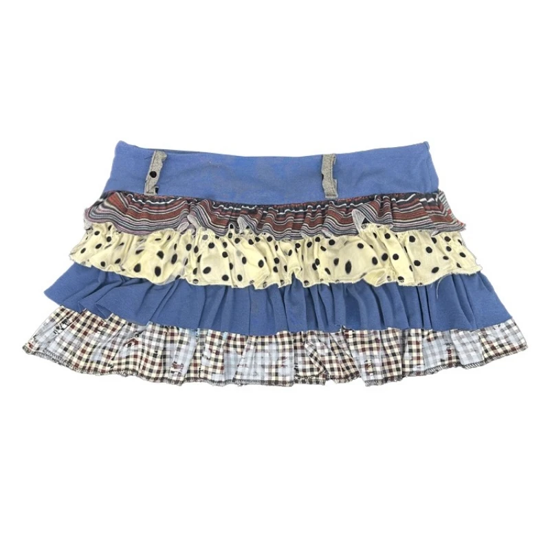 オリジナルデザイン ブルー パッチワーク 水玉模様 レディース プリーツスカート ニューヴィンテージ 可愛い ミニ丈 ケーキ風 ショートスカート