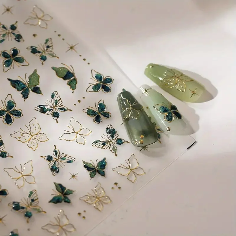 1pc 5D Glossy Embossed Jelly Butterfly Nail Sticker Pastel Blue & Green Cartoon Theme Nail Art Decals Crystal Butterfly Manicure