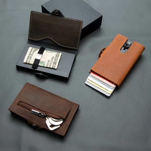 Imagen 2 del producto Carteras CASEKEY Para Hombre, 100% de cuero de vaca auténtico, tarjetero corto emergente, monedero de marca de alta calidad Para Hombre, Tarjeteros Para Hombre
