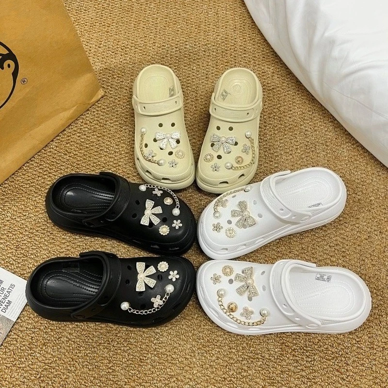 Diamond Pearl Chain Bow DIY Shoe Charms For Clogs Bubble Slides Sandals Removable Shoe Decorations Accessories Christmas Gift