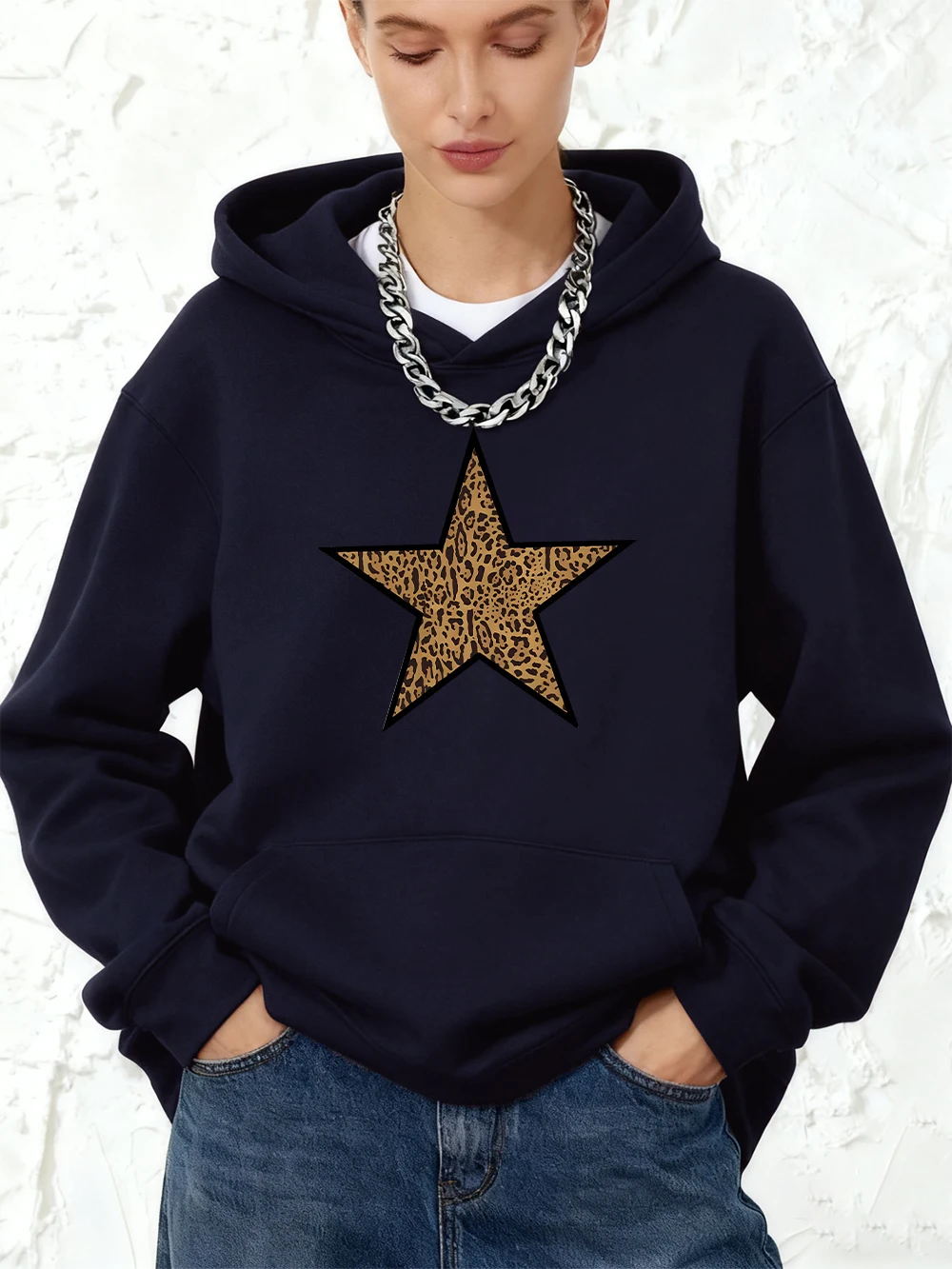 ヒョウ五芒星プリントパーカー綿レディースジョギングポケットプルオーバースポーティルーズスウェットシャツ冬フリース女性服