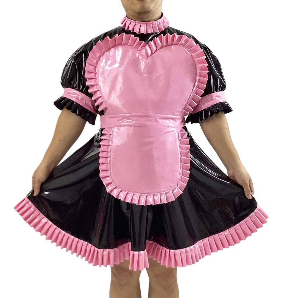 Mens Wetlook PVC Puff Short Sleeve Maid Uniforms Lockable French Maid Cosplay Costume with Apron Headband Sissy Maid Dress Sets