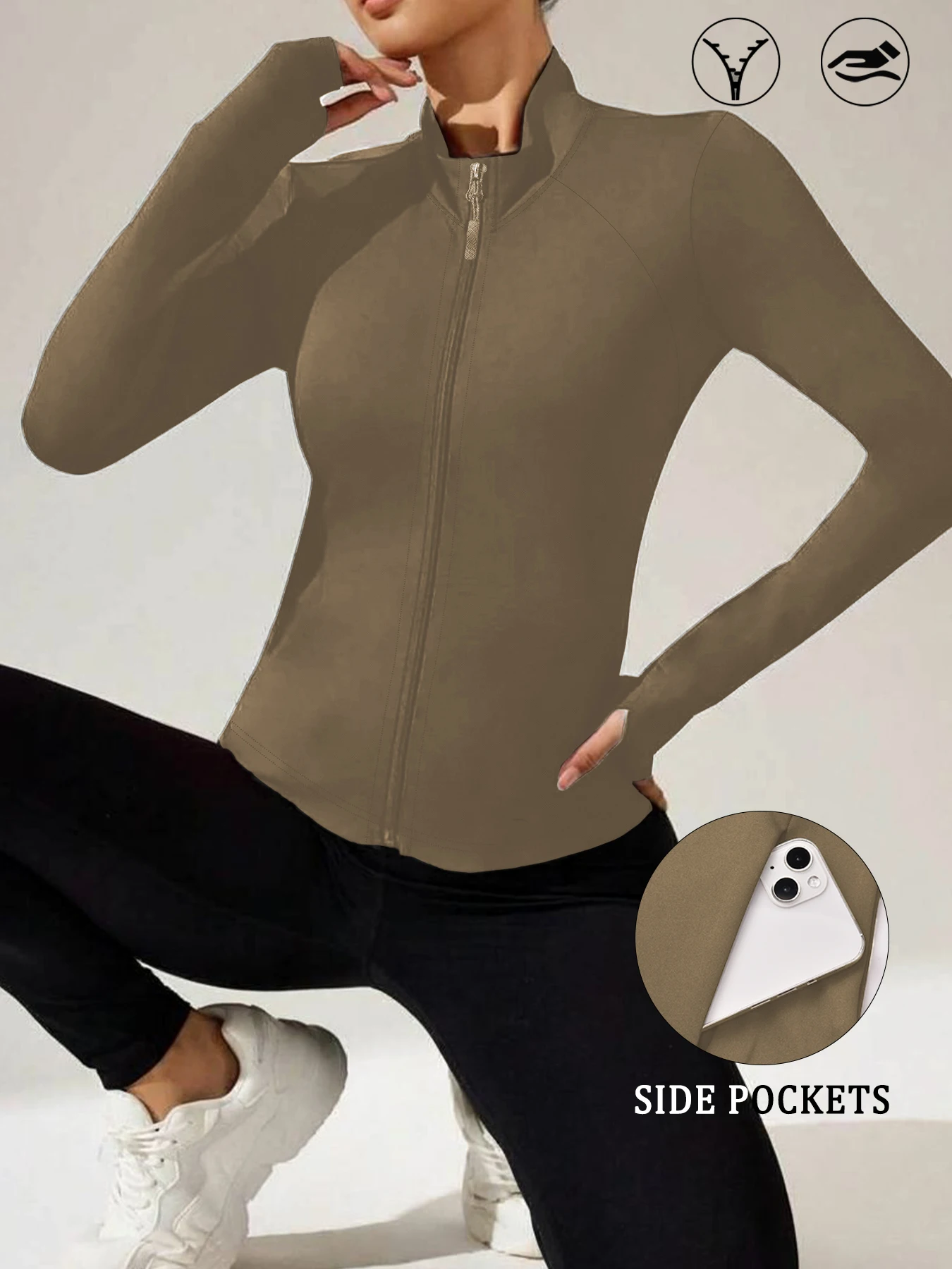 سترة يوجا نسائية بسحاب كامل مع فتحات إبهام للجري والمشي لمسافات طويلة والمزيد