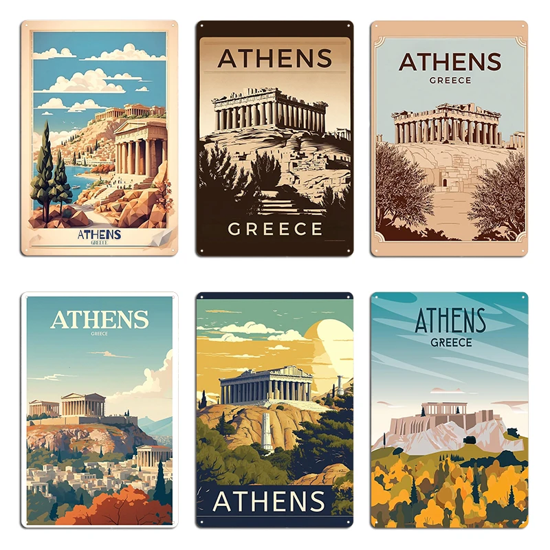 علامات أثينا المعدنية الكلاسيكية تخلق لوحات جدار الكهف ولوحات اليونان أثينا تين تسجيل ملصق