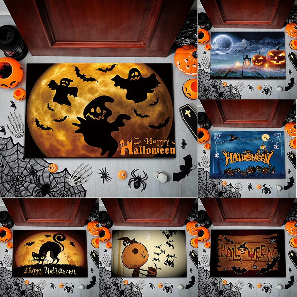 Halloween Themed Door Mat With Spooky Patterns Like Ghosts Bats Black Cats Pumpkins Non Slip Durable Entrance Rug Indoor